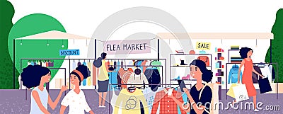 Flea market. Women shoppers choosing fashion clothes at bazaar. Garage street sale and secondhand shopping vector Vector Illustration