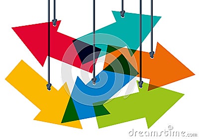 Several colored arrows symbolize the choice between several directions. Stock Photo