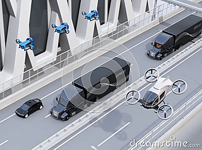 Fleet of American Trucks, cargo drones and flying car Stock Photo