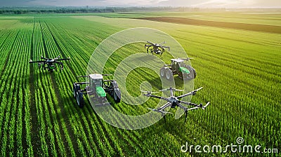 A fleet of automated tractors and drones working together in a large farm field. The image highlights the efficiency and precision Stock Photo