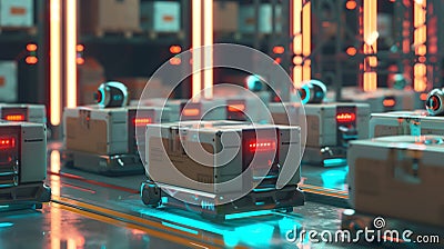 A fleet of autonomous robots efficiently navigating a high-tech warehouse, indicating a futuristic approach to logistics and Stock Photo