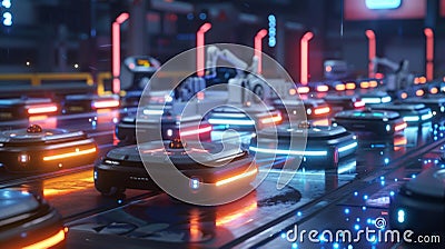 A fleet of autonomous robots equipped with 5G technology navigating around the factory floor to transport components and Stock Photo