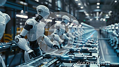A fleet of autonomous robots working seamlessly together on a production line controlled by a powerful 5G network Stock Photo