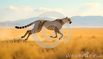 A fleet-footed cheetah with a lithe, dynamic build sprinting across an expansive plain Stock Photo