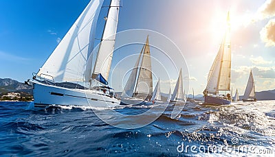 Fleet of sailboats elegantly navigating the vast expanse of the endless ocean with grace Stock Photo