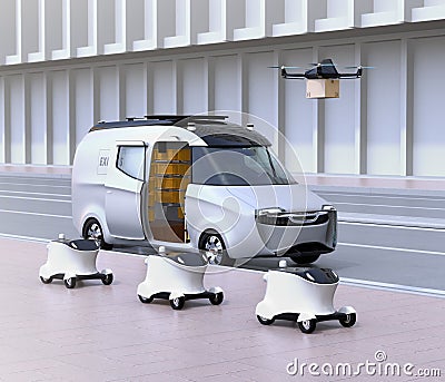 Fleet of self-driving delivery robots, van and drone Stock Photo