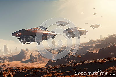 a fleet of spaceships traveling to colonize the red planet Stock Photo