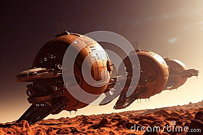 a fleet of spaceships traveling to colonize the red planet Stock Photo