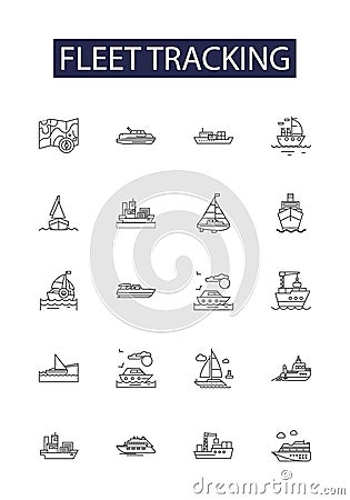 Fleet tracking line vector icons and signs. Fleet, GPS, Vehicles, Monitoring, Automation, System, Real-time, Data Vector Illustration