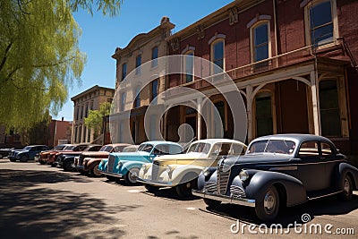 fleet of vintage vehicles on a sunny day, parked outside historical building Stock Photo