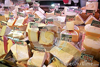 A fleeting glance at local Italian cheesemonger's goat & ewe cheeses, & some cow Stock Photo