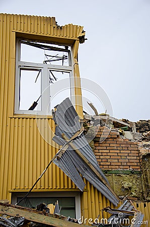 Flensburg Fahrensodde Burning Fire Airplane hanger. Yellow destroyed facade with broken window Stock Photo