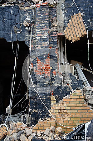 Flensburg Fahrensodde Burning Fire Airplane hanger. View of destroyed brickwork through the fallen wall Stock Photo