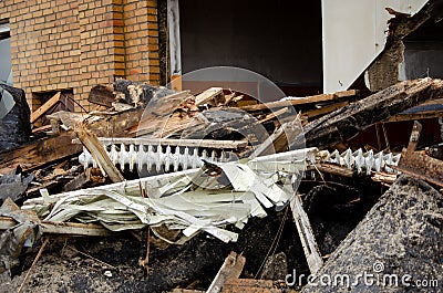 Flensburg Fahrensodde Burning Fire Airplane hanger view of debris, shut and ash and destroyed heater heating Stock Photo