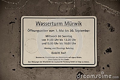 FLENSBURG. GERMANY. JANUARY 26, 2020. Water tower sign schedule Editorial Stock Photo