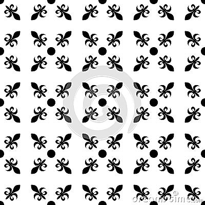 Fleur de lis in diagonal arrangement with dot in the middle. Abstract retro geometrical seamless pattern. Black vector Vector Illustration