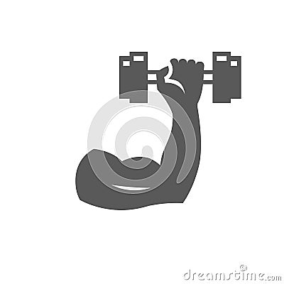 Flexed hand muscle with dumbbell in grayscale. Vector Illustration