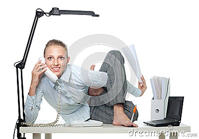 Flexible business woman talk by phone Stock Photo