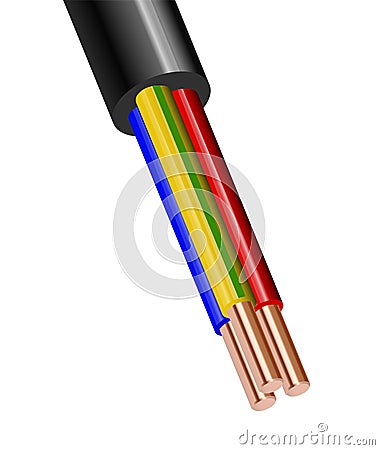 Flexible Three-wire electrical cable isolated on white background. Copper multicore cable in color insulation. Close-up Vector Illustration