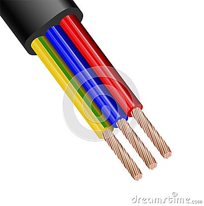 Flexible Three-wire electrical cable isolated on white background. Copper multicore cable in color insulation. Close-up Vector Illustration