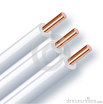 Flexible three-wire electrical copper cable isolated on white background. Copper multicore cable with double color Vector Illustration