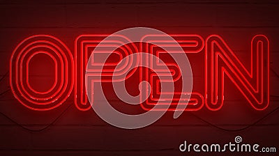 Flickering blinking red neon sign on brick wall background, open shop bar sign Stock Photo