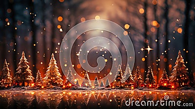 Christmas trees glow against a night sky and snowy ground. Generative AI Stock Photo
