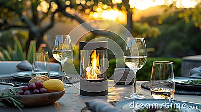 The flickering flames of a compact tabletop fireplace add a touch of rustic charm to al fresco dining. 2d flat cartoon Stock Photo