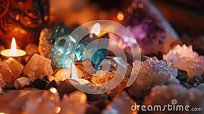 The flickering flames illuminate a collection of crystals and geodes amplifying the positive energy in the room. 2d flat Stock Photo