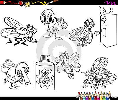 Flies set cartoon coloring page Vector Illustration