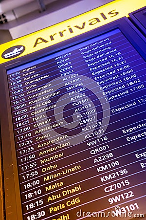 Flight arrival and departure sign board in airport Stock Photo