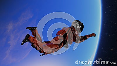 Flight of astronaut cosmonaut in space. Cosmic weightlessness, gravity, falling man into galactic abyss of planet. Astronaut in Stock Photo