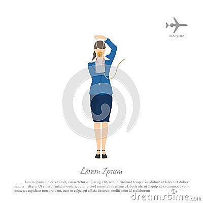 The flight attendant demonstrates the use of an oxygen mask. Stewardess in aircraft cabin Vector Illustration