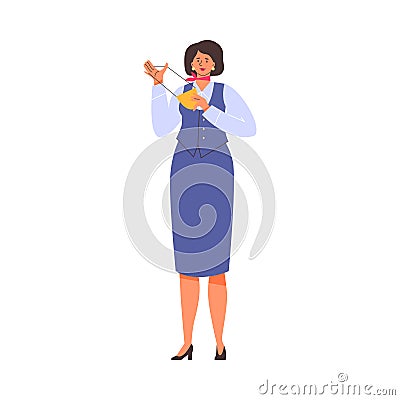 Flight attendant demonstrating how to wear oxygen mask, flat vector illustration isolated on white background. Vector Illustration