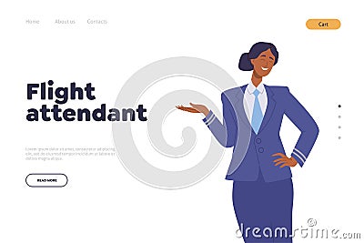 Flight attendant service landing page with happy friendly smiling air hostess in uniform Vector Illustration