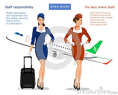 Flight attendants vector concept: stewardess in blue uniform with suitcase, stewardess in red suit and flying plane on Vector Illustration