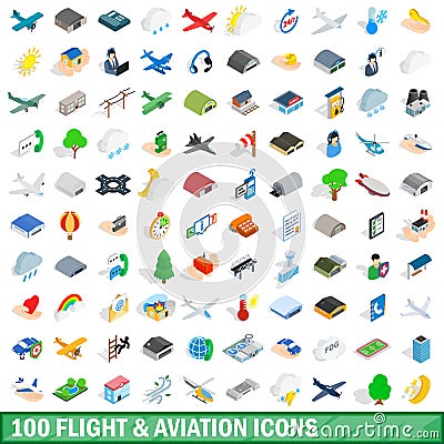 100 flight aviation icons set, isometric 3d style Vector Illustration