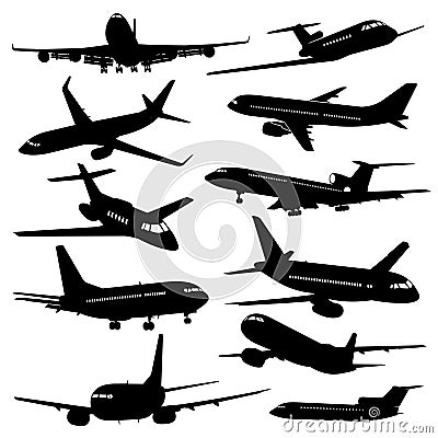 Flight aviation vector icons. Airplane black silhouettes Vector Illustration