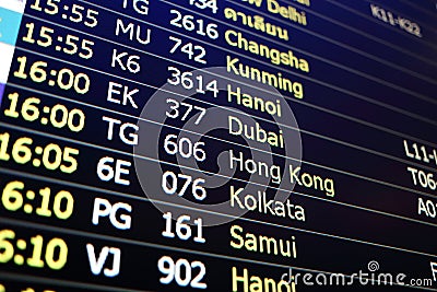 Flight board background of Changsha, Khunming, Hanoi, Dubai, Hon Stock Photo