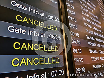 Flight cancellation display or panel Editorial Stock Photo