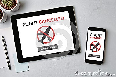 Flight cancelled concept on tablet and smartphone screen Stock Photo