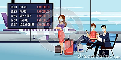 Flight cancelled due to coronavirus epidemic. Passengers in medical masks waiting at terminal. Vector illustration Vector Illustration