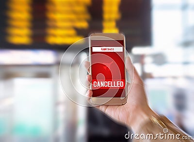 Flight cancelled. Smartphone application announces bad news to tourist. Strike or problem with plane. Stock Photo