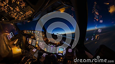 Flight deck and cockpit of a modern airliner in flight at dusk. Cruising on a beautiful colorful blue moonless sky at twilight Stock Photo