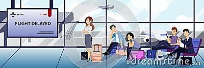 Flight delay or cancel. Vector flat cartoon illustration. Tired passengers waiting for departure at airport terminal Vector Illustration