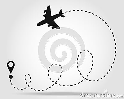 Flight of dreams. Airplane line path icon of air plane flight route with start point and dash line trace. Modern vector Cartoon Illustration