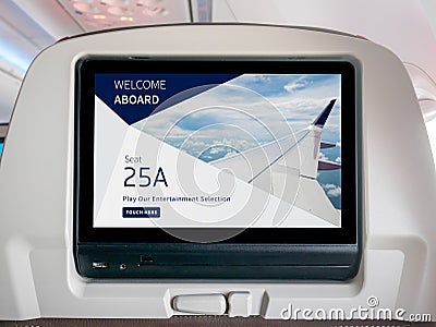 In-Flight Entertainment Screen, Inflight Screen, Seatback Screen in Airplane Stock Photo