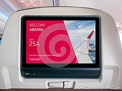 In-Flight Entertainment Screen, Inflight Screen, Seatback Screen in Airplane Stock Photo