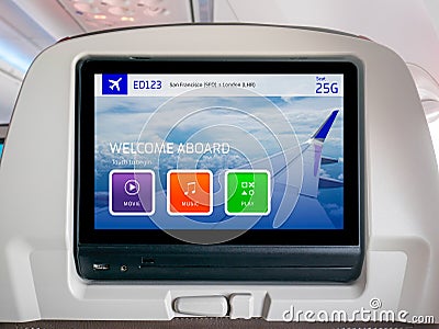 In-Flight Entertainment Screen, Inflight Screen, Seatback Screen in Airplane Stock Photo