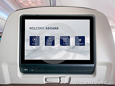 In-Flight Entertainment Screen, Seatback Screen in Airplane Stock Photo